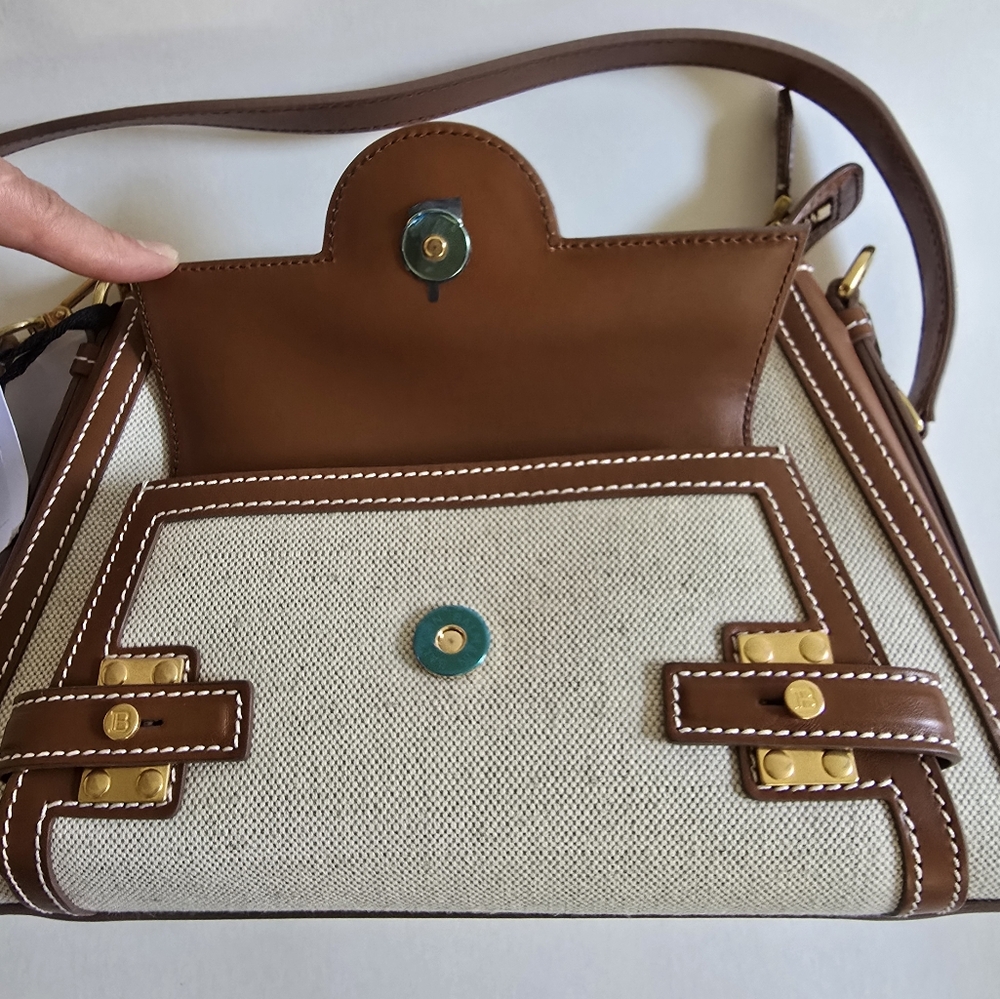 Balmain B-Buzz Canvas & Leather Shoulder Bag Natural / Camel - Picture 11 of 14